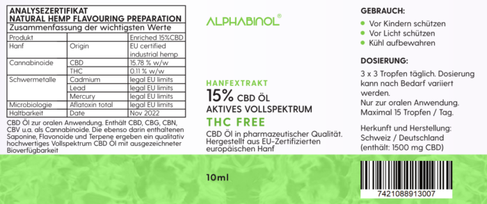 ALPHABINOL® 15% 1500 mg THC-frei Premium Vollspektrum Öl 10 ml